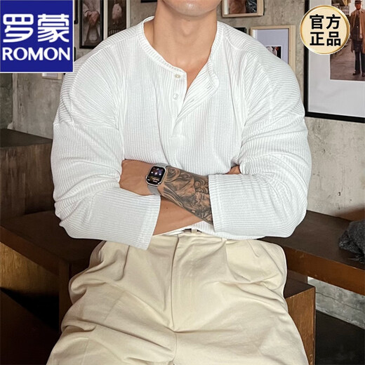 ROMON large size 300Jin Jin equals 0.5kg Henry collar waffle loose bottoming shirt for men spring and autumn new slim long-sleeved T-shirt top white 2XL 140-160Jin Jin equals 0.5kg