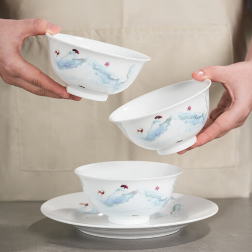 Jingdezhen ceramic bowls and dishes, overglaze color, household simple eating bowls, soup spoons, dinner plates, large soup bowls, single microwaveable, even deer landscape 4.5-inch rice bowls, single