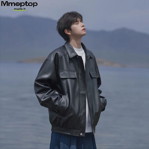 MMOPTOP American Lapel PU Leather Jacket Men's Spring and Autumn Flying Staff Jacket 6073 Agate Black 3XL
