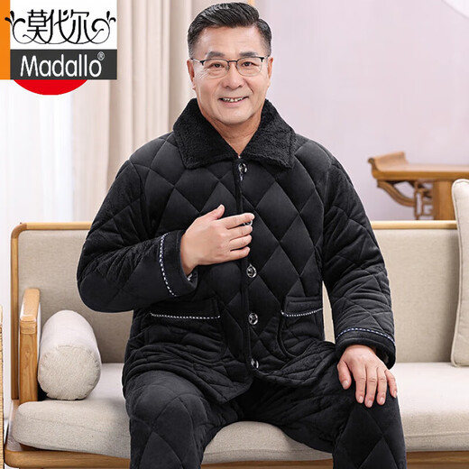 莫代尔睡衣男士爸爸冬季三层加厚夹棉珊瑚绒保暖棉袄中老年人家居服套装 N9923 R灰 三层加厚加绒 L [100-120斤]