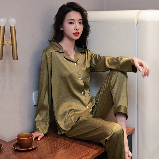 欧凡迪 睡衣女春秋款冰丝性感感长袖套装2023年新款大码夏薄款家居服 6623森林绿 M