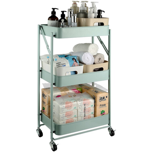 Chuidahuang three-layer storage rack, installation-free folding storage cart, multi-functional shelf storage rack, floor-standing rack, light green
