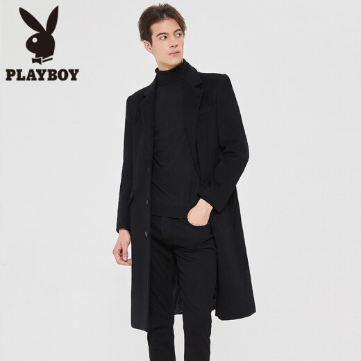 Playboy Extra Long Woolen Coat Men's Fitted Formal Wear 2020 Autumn and Winter Mid-Length Over the Knee Extra Long Version New Thick Windbreaker Woolen Wool Coat Men's Jacket Black 170