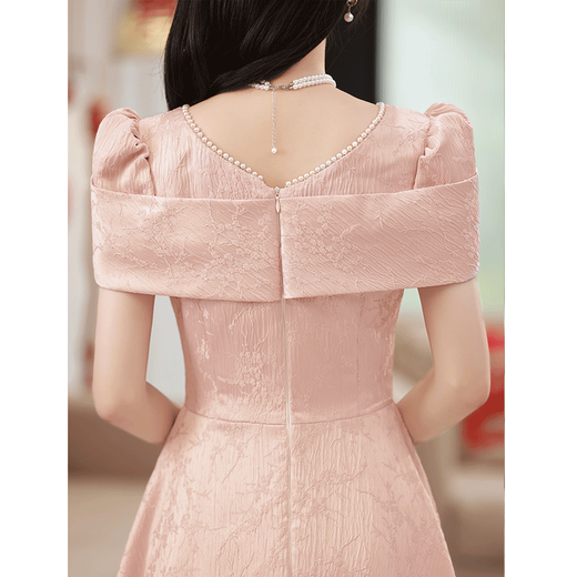 SAIDELE evening dress for women, high-end pink petite French niche engagement dress, bridesmaid dress, can be worn daily to graduation, bean paste powder XL (recommended 116-125 Jin Jin equals 0.5 kg)