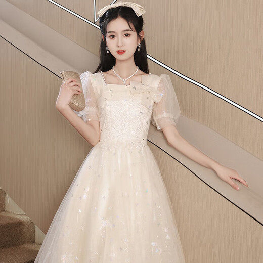 Robe de soirée libaixin champagne pour les femmes 2025 Nouveau niche de luxe léger jupe de gaz de gaz de gabine de gauze haut de gamme Couleur champagne recommandée 110-120jin [Jin est égal à 0,5 kg]