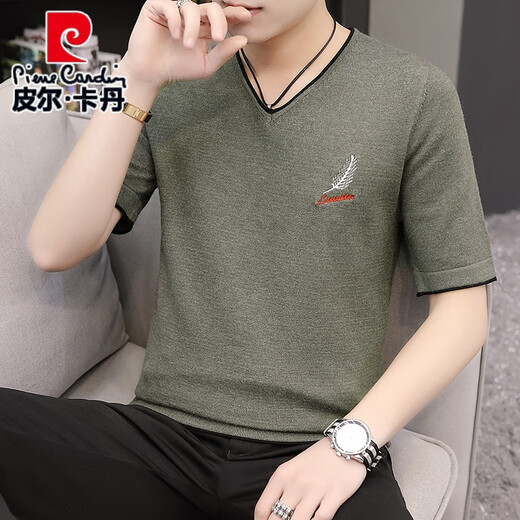 皮尔卡丹短袖毛衣男韩版v领春秋季潮流打底衫青年修身2024新款半袖针织衫 9902米色 2XL