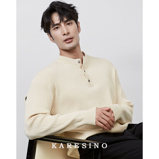 KARESINO autumn and winter high-end business Henry collar sweater slim casual all-match round neck sweater men's base shirt light brown light apricot M M