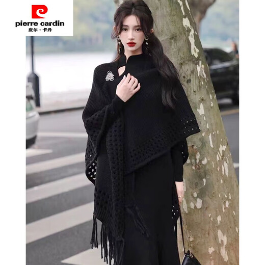 皮尔卡丹（pierre cardin）外套女秋冬旗袍披肩外搭慵懒麻花针织毛毛斗篷厚款加长款仿皮草外 米色---【绞花穿毛披肩】