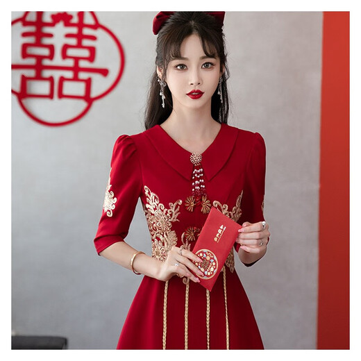 Seidler's new Chinese toast suit bride burgundy wedding evening dress can usually wear slim burgundy L (recommended 106-115Jin [Jin equals 0.5 kg])