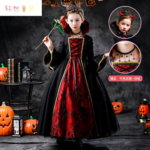 Halloween Costume Girls Horror Prom Dress Halloween Children's Costume Girls Dress Magic Witch Vampire Dress Little Girl Prom Costume Large Lapel Dress 150cm (150cm [Collect and purchase to get free headwear + necklace])