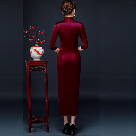 Meifuna cheongsam for women Chinese style high-end embroidered mother's cheongsam spring, autumn and winter wedding banquet improved cheongsam noble and elegant dress burgundy M