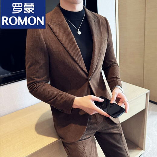 ROMON autumn and winter thick corduroy suit men's suit business casual trendy slim and handsome corduroy suit two-piece set brown single-piece suit / 3XL
