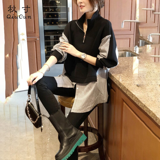 Autumn inch (qiucun) spliced ​​sweatshirt shirt for women European station women's spring and autumn new fashion design niche mid-length fake two-piece top spliced ​​base color matching M