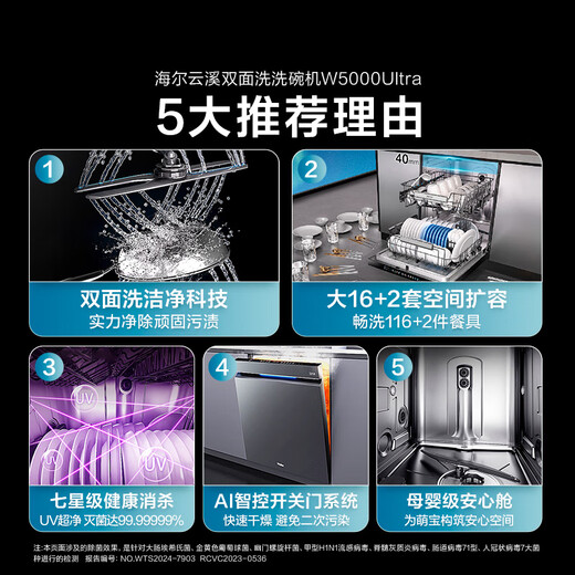 Haier double-sided washing W5000Ultra national subsidy 20% dishwasher built-in large 16+2 sets UV double sterilization smart switch door quick drying EYBW163296JHU1