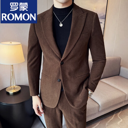 ROMON autumn and winter thick corduroy suit men's suit business casual trendy slim and handsome corduroy suit two-piece set brown single-piece suit / 3XL