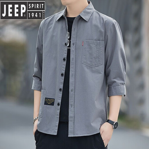 吉普（JEEP）高档纯棉免烫夏季衬衫男士宽松版七分袖衬衣工装中袖外套休闲百搭 高质量纯棉料七分袖5008(浅蓝色) M 95斤-115斤