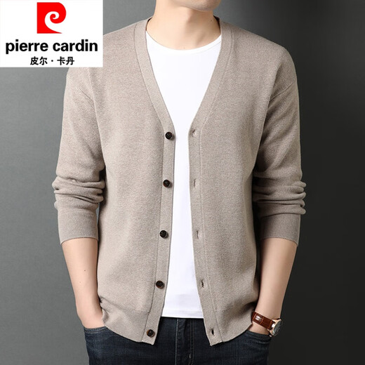Pierre Cardin Strickjacke für Herren, V-Ausschnitt, Pullover, Frühling und Herbst, einfarbig, lässige Wolljacke, dicke Außenfäden, Kleidung, Mode, GRYH012, Kamel, M 165