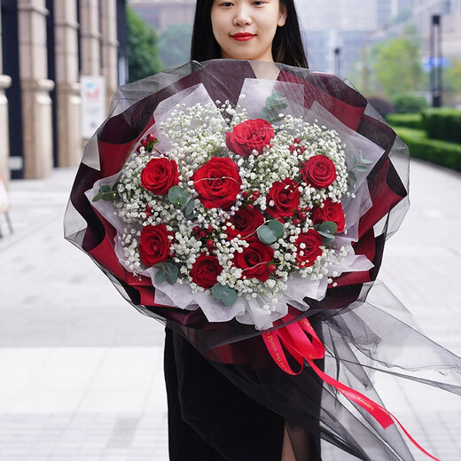 花递鲜花速递小时达玫瑰花束生日礼物送女友同城配送当日达 11朵玫瑰-爱在此刻黑纱款| DS653