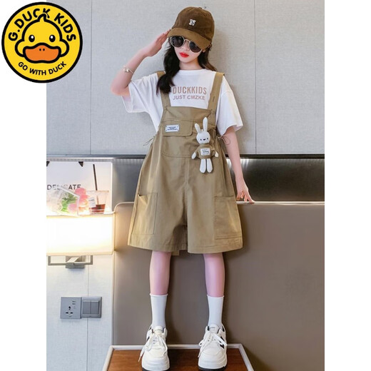 
G.DUCKKIDS little yellow duck girls summer overalls suit 2024 new style medium and large children fashionable children summer thin style short khaki rabbit strap suit 140 cm recommended height about 1 meter 3-1 meter 35