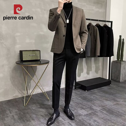 Pierre Cardin spring and autumn thickened woolen small suit men's jacket high-end casual Korean style handsome suit men's knitted brown woolen suit 3-piece set XL