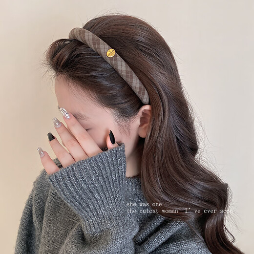 Youfang Korean style small gold label coffee plaid hair hoop for women 2025 new autumn and winter sweet temperament headband for going out versatile hairpin small gold label coffee plaid hair hoop 1 pack