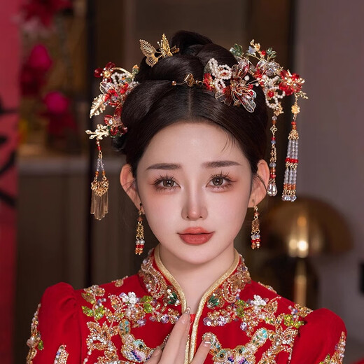 Ancient bridal headdress Chinese Xiuhe dress headdress phoenix crown ancient costume Hanfu hair accessories wedding dress accessories wedding bridal headdress five-piece set