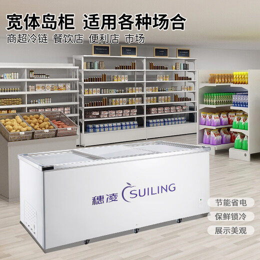 SUILING (SUILING) Gefrierschrank horizontal kommerzielle Displayschrank große Kapazität Gefrierschrank Tiefe unten -Displayschrank Schiebetür Fleisch Frisch Speicherschrank Supermarkt Knödel Fleischbällchen -Meeresfrüchte -Spieß gefrorene Waren Display Island Schrank [Tiefes Bodeninselschrank] Full -Gefrierschrank 1098 Liter 丨 Länge 2,4 Meter