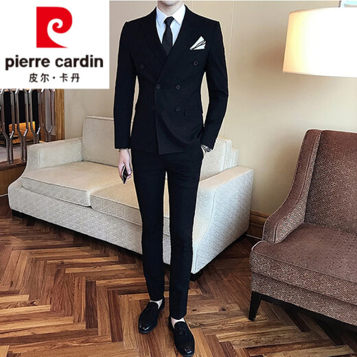 Pierre Cardin (light luxury quality) formal men's suit men's suit British style double-breasted business slim solid color groom wedding suit suit men's knitted black (suit + vest + trousers, shirt) XL