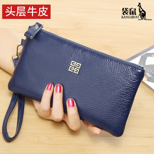 Kangaroo (KANGAROO) top layer cowhide clutch women's bag 2024 new coupon wallet long fashion versatile soft leather real cowhide small elephant gray