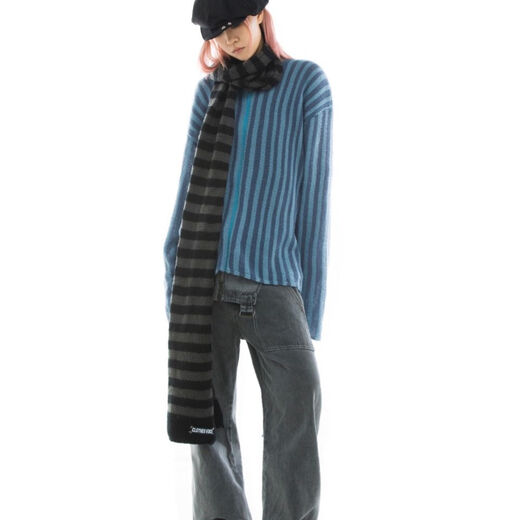 Yuan Lexen mid-length punk dark versatile European and American ripped autumn and summer sweater for women couple striped loose niche sweater new dark gray one size