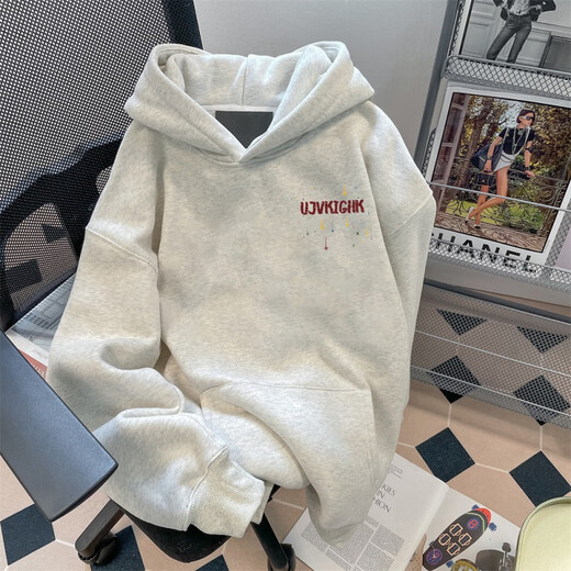 Nasawassup American retro shooting star hooded trendy sweatshirt for men and women, autumn and winter velvet thickened couple heavyweight loose top, white and gray style-M01 velvet L recommended 110-130Jin Jin equals 0.5kg