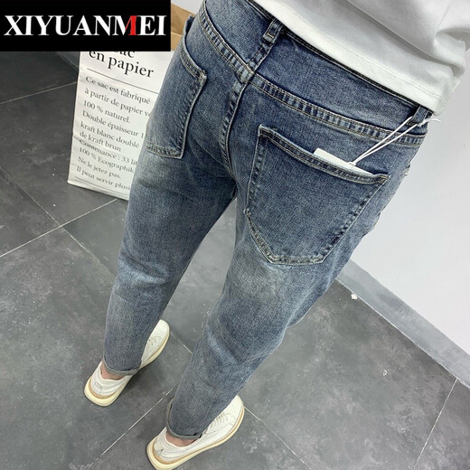西原美牛仔裤男士韩版夏季简约水洗做旧休闲修身小脚九分裤子男 YD-3882 浅蓝色 32码适合135到145斤