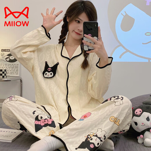 Cat Man (MiiOW) pure cotton pajamas for women in spring and autumn new long-sleeved trousers loose cardigan sweet cartoon cute home clothing set 9214 L [recommended 100-120Jin [Jin equals 0.5 kg]]