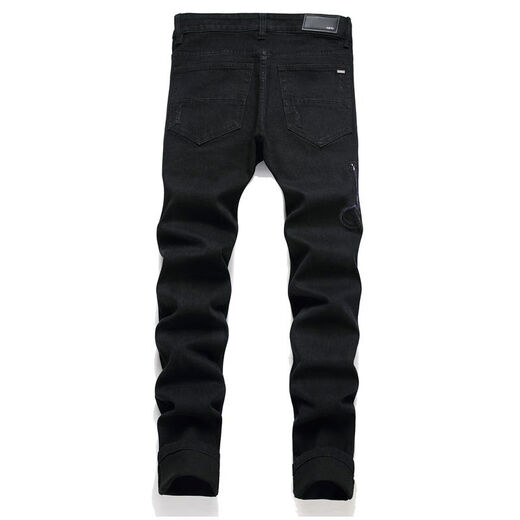 Moring Bull New High Street AM Trendy Jeans Herren zerrissener Cobra Sticker Leder Patch Elastizität Slim Black Black 3523 29