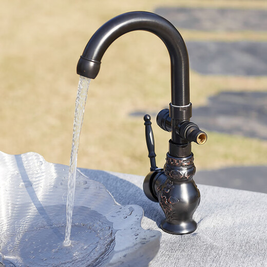 Jenvia Outdoor Courtyard Faucet Anti-Freeze Einkaltes Waschbecken Marmor Stein Basin Villa Outdoor Anti-Freez-Riss Kupferarmatur [Schwarz 9708 Einzelkaltmodell mit Wasserteiler]