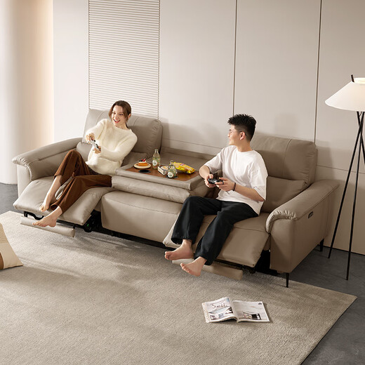 Gujia Home Wall Zero Wall Modern Simple Electric Función de cuero Sala de estar 6196 [Color de avena] Tres personas con electricidad izquierda