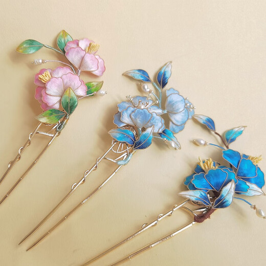 Meng Junchen antique silk gradient hairpin intangible cultural heritage handmade velvet flower hairpin Hanfu imitation dot emerald hair accessory birthday gift light blue