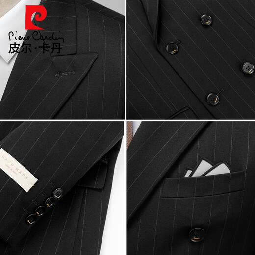 Pierre Cardin high-end double-breasted suit suit for men, British style gentleman, wedding groomsmen striped suit, formal business banquet, black suit + trousers, size 2XL