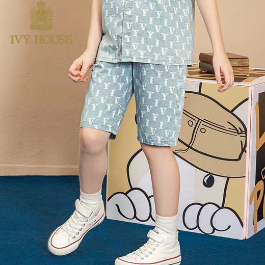 IVY HOUSE Ivy children's clothing for boys and girls, big children's summer new style, fashionable presbyopia denim shirt jacket, five-quarter pants, denim blue five-quarter pants, 150cm