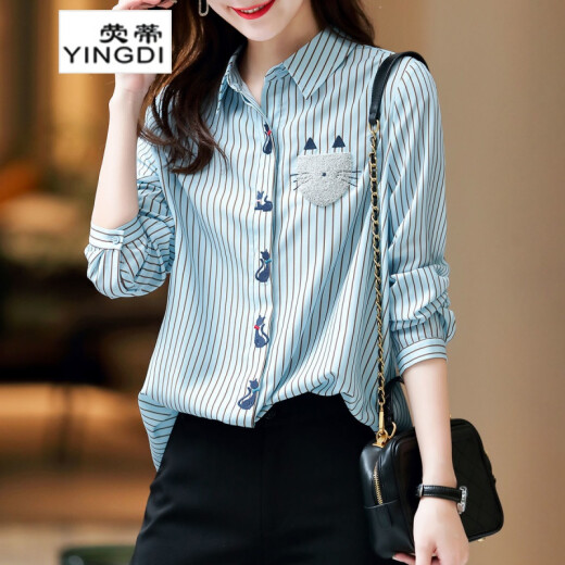 YINGDI chiffon striped shirt women's long-sleeved 2024 spring and summer new style kitten embroidered chiffon shirt design shirt women's lake blue L (recommended 110-125)