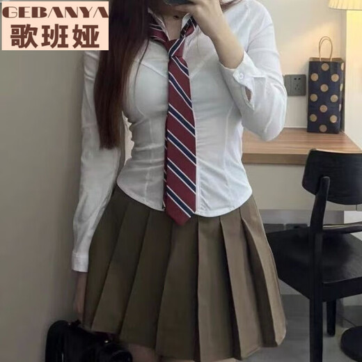 
Gebanya College Style JK Uniform Waist Long Sleeve Shirt Female Sexy Slim Design Top Autumn Set Long Sleeve Top + Black Skirt ++ Red Stripe Tie S