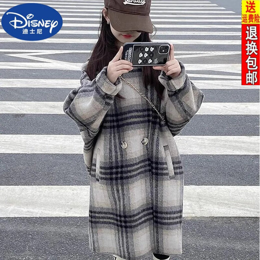 Disney (Disney) Girls Woolen Coat 2024 New Spring and Autumn Korean Style Mid-Length Western Style Plaid Coat Woolen Coat Trendy Hooded Plaid Coat 170 Recommended height 155-165 cm