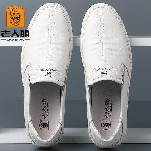 Old man's head (laorentou) old man's white leather shoes men's genuine leather head layer cowhide breathable casual white shoes one foot to put on the line dad's shoes non-slip 10503 white 41