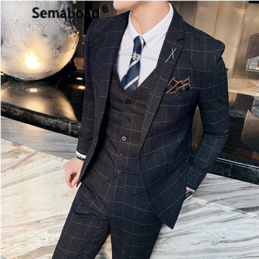 Semaboad brand autumn and winter handsome suit men's Korean style plaid formal suit groom and best man wedding three-piece slim suit trendy black L