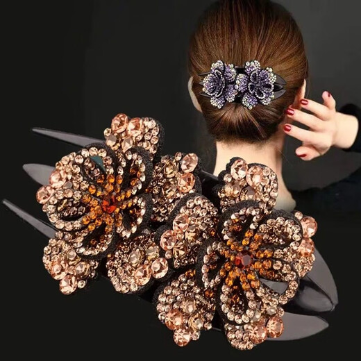 He Niang's new three-tooth hairpin hairpin, Korean style elegant temperament hairpin, mother's duckbill clip, back of head grabber clip, top clip, hollow peony flower duckbill clip, champagne ink orchid