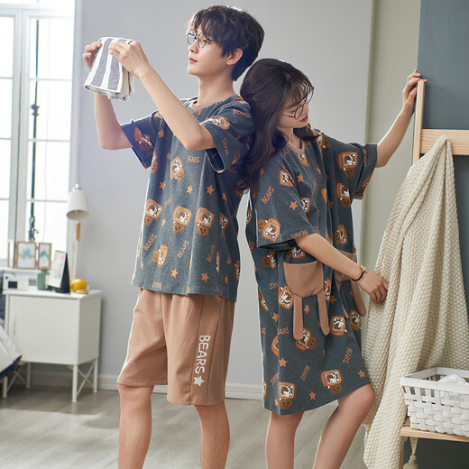 Shi jingya pareja pijamas mujeres verano algodón puro delgada delgada ropa de manga corta verano estilo de moda coreana traje para hombres cxh 12014 cuello redondo pareja 2xl - estilo femenino estilo