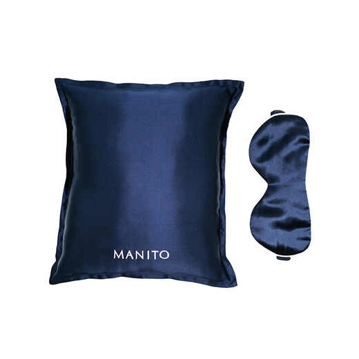 MANITO Classic Silk Travel Set Mulberry Silk Eye Mask Pillow Combination Gift Set Deep Sea Blue + Silver