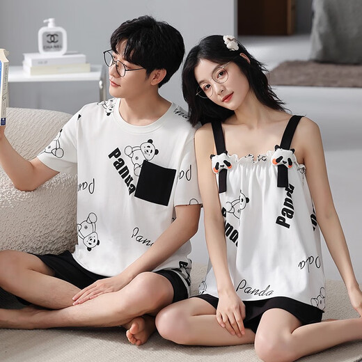 Daizixin 2 ensembles de pyjamas de couple pour les bretelles d'été pour femmes, ensemble en deux pièces de coton pur à manches courtes à manches minces d'été pour hommes DD9904 Femmes M + hommes XL