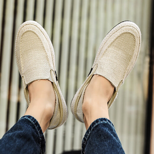 Changxiang Huili Canvas Herrenschuhe im Sommer vielseitige Freizeitbrettschuhe Faule Menschen Pedal Herren alte Peking -Stoffschuhe arbeiten weiche alleinige trendige Schuhe Beige 42