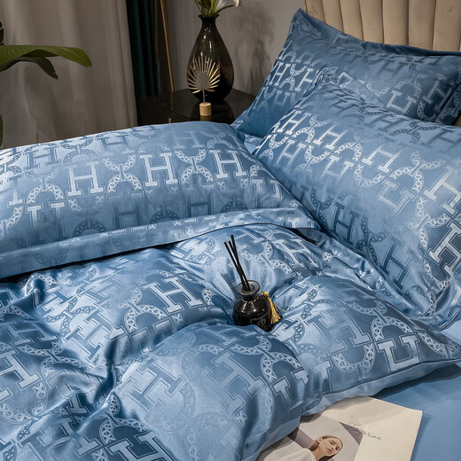 Yalu washed silk bed four-piece ice silk quilt cover summer single and double home bedding sheet three-piece set Embera-blue (skin-friendly and breathable, silky and naked sleeping grade) 1.5m four-piece set bed sheet style (quilt cover 200*230cm)